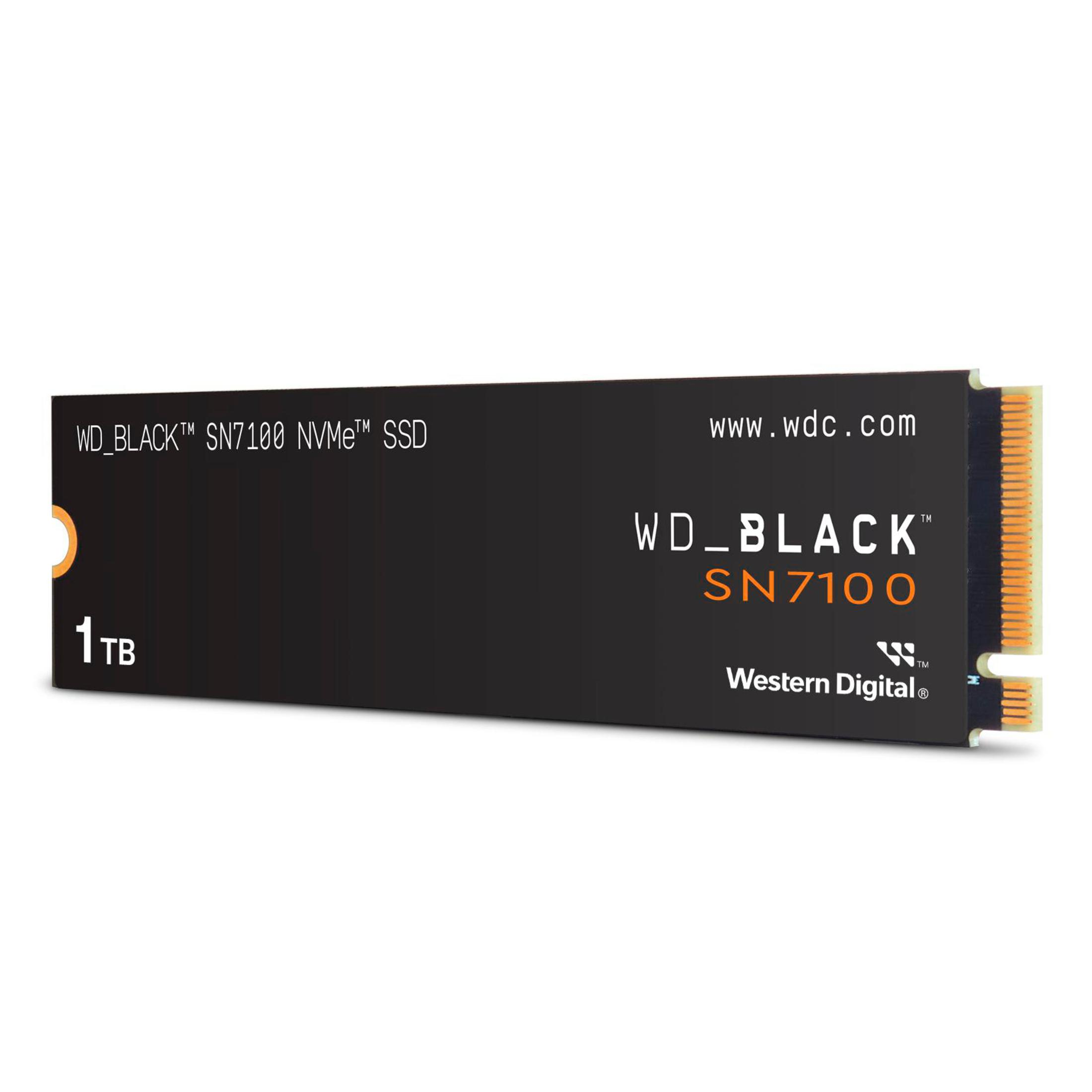Un SSD NVMe WD_BLACK SN7100 nero, con il nome del marchio e la capacità.