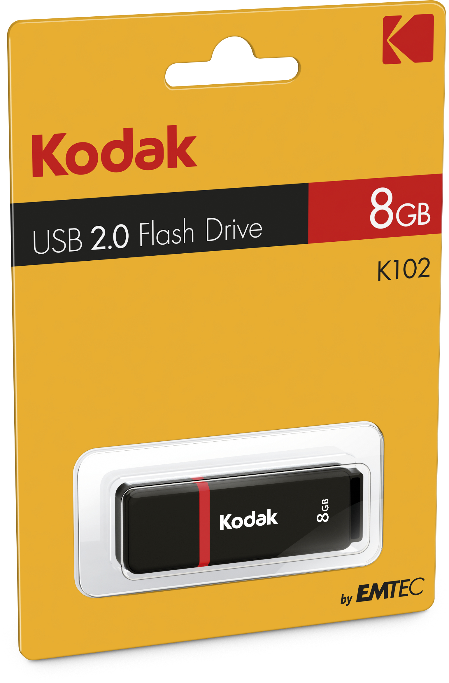 Pendrive USB Kodak 8 GB w opakowaniu. Czarny napęd z czerwonym paskiem. Żółte i czarne opakowanie.