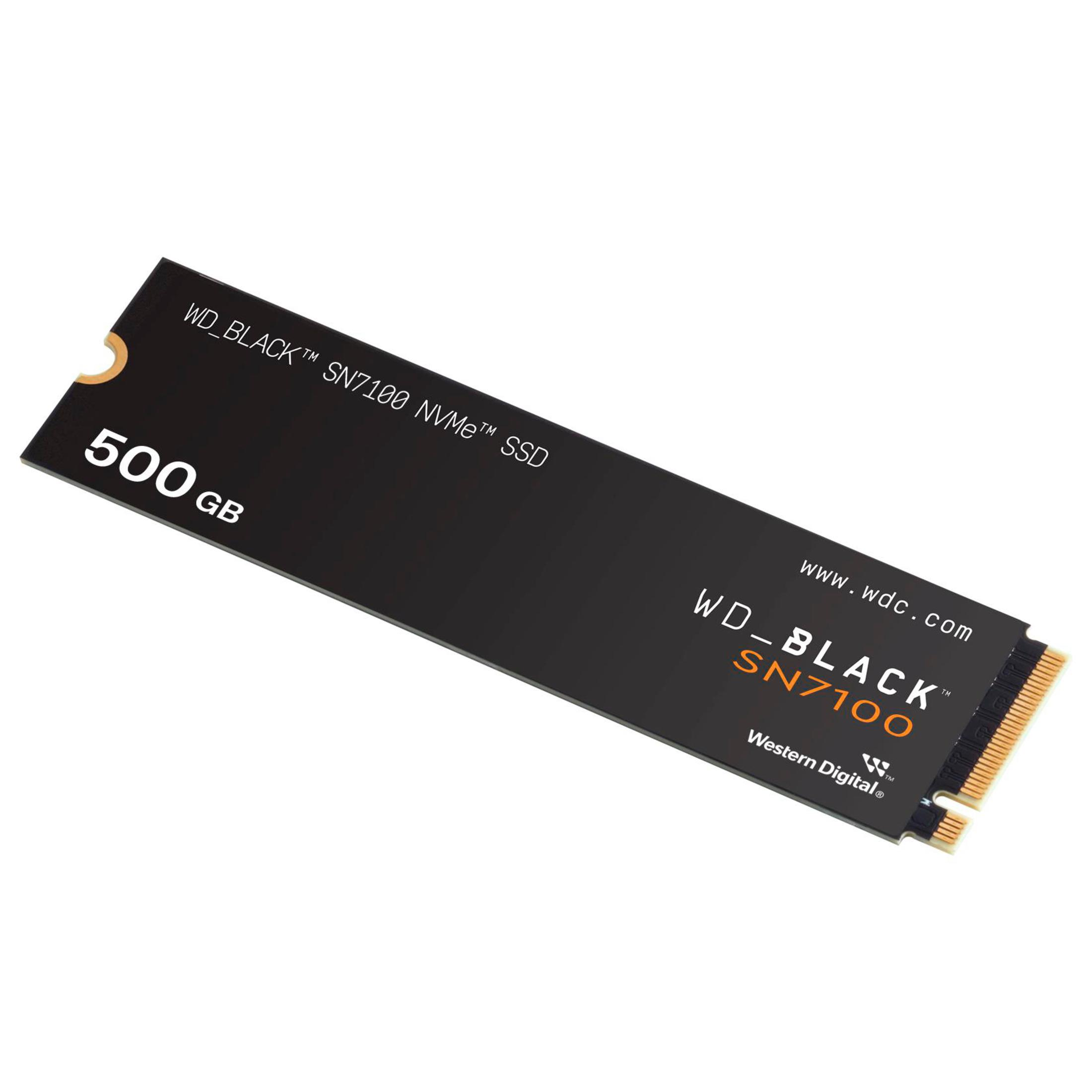 Czarny dysk SSD 500 GB, marka WD_BLACK, nazwa produktu SN7100, na białym tle.