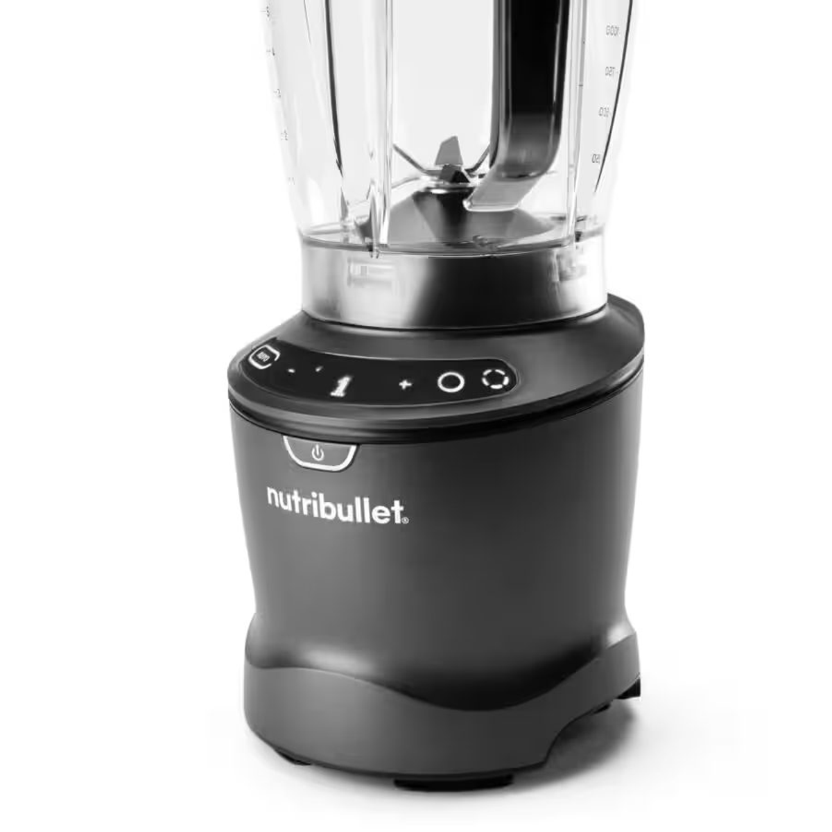 Frullatore Nutribullet nero su bianco. Il frullatore ha un pannello di controllo con pulsanti.