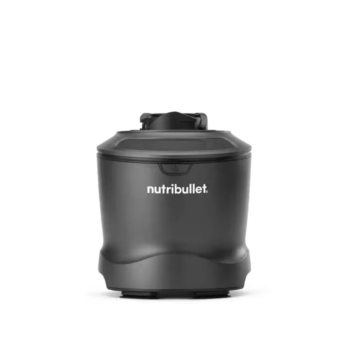 Frullatore Nutribullet nero su bianco. Presenta il logo Nutribullet.