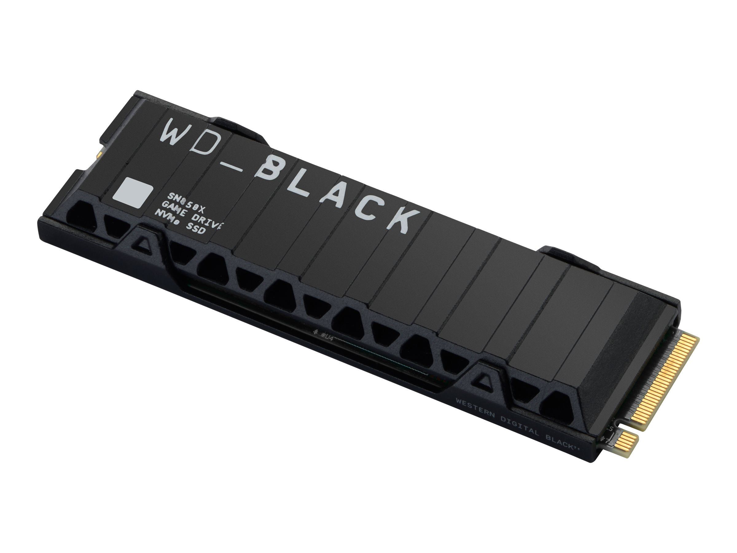 Un SSD NVMe WD_BLACK SN850X negro sobre fondo blanco. Vista en ángulo, mostrando el producto.