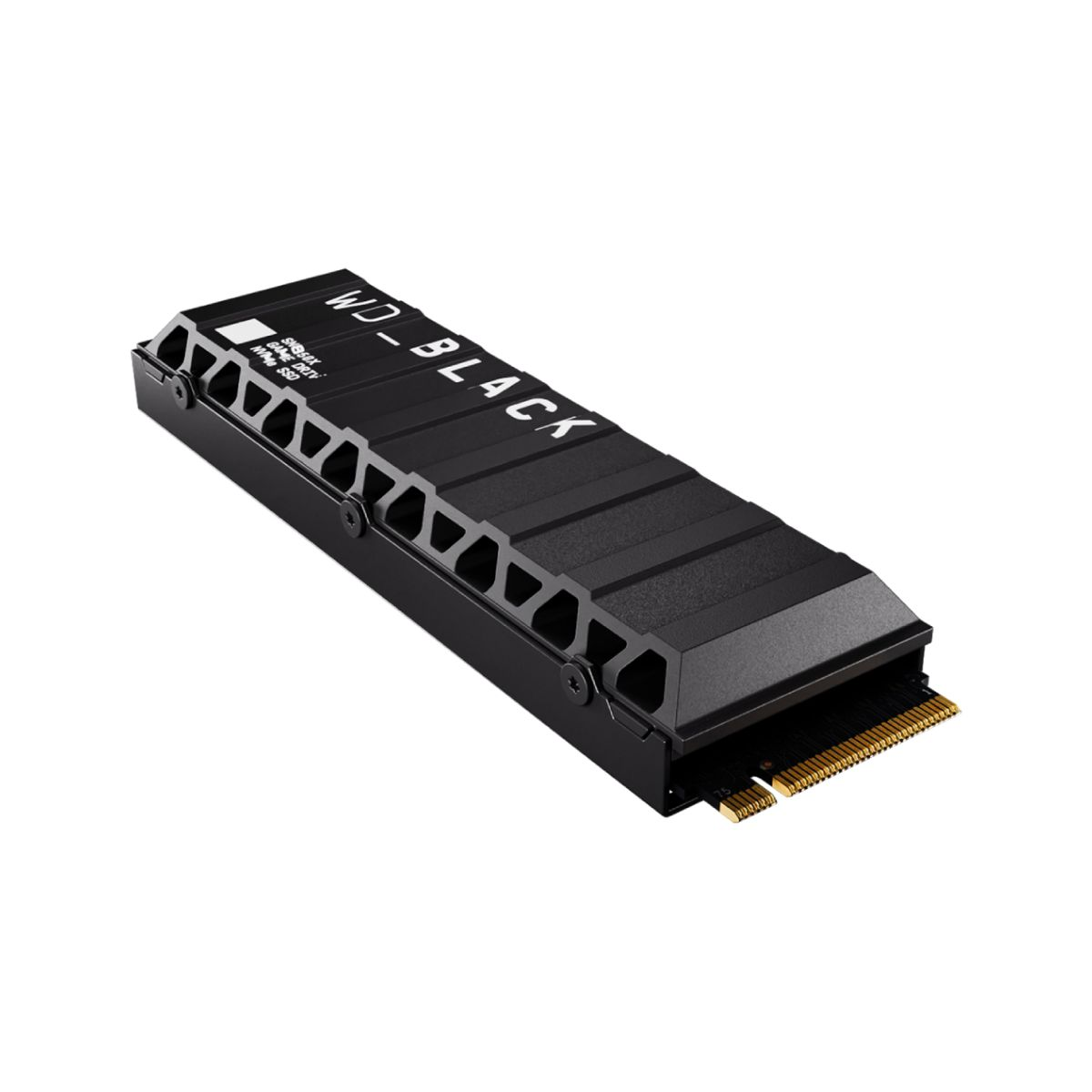 SSD M.2 WD_BLACK negra. Cuenta con un disipador negro con el texto WD_BLACK en blanco.