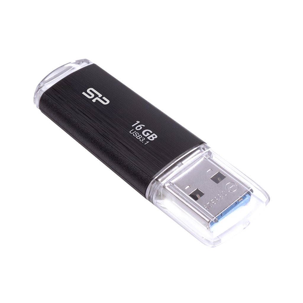 Czarny i srebrny dysk USB. Jest to 16 GB USB 3.1. Złącze jest przezroczyste.