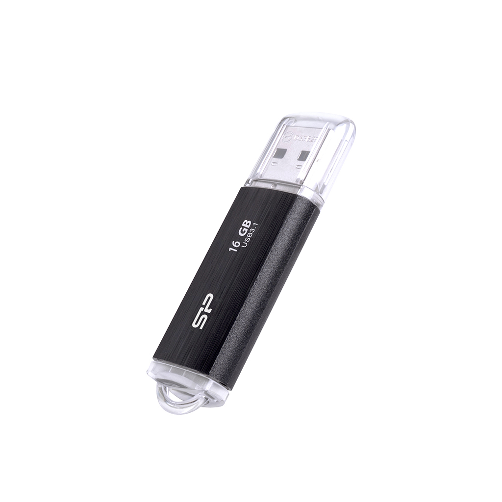 Czarno-przezroczysty pendrive USB z logo "16 GB" i "SP". Nasadka jest przezroczysta.