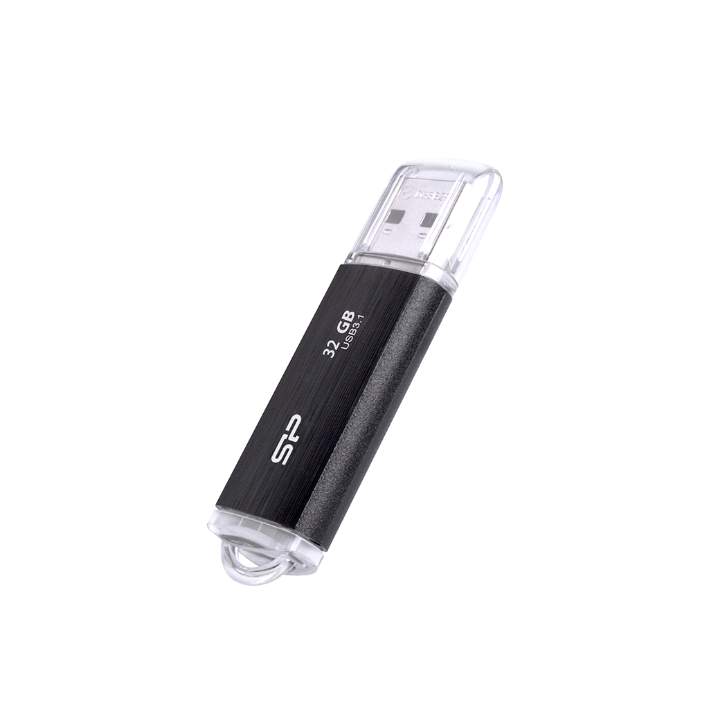 Czarny pendrive SP z przezroczystą zatyczką i tekstem 32GB.