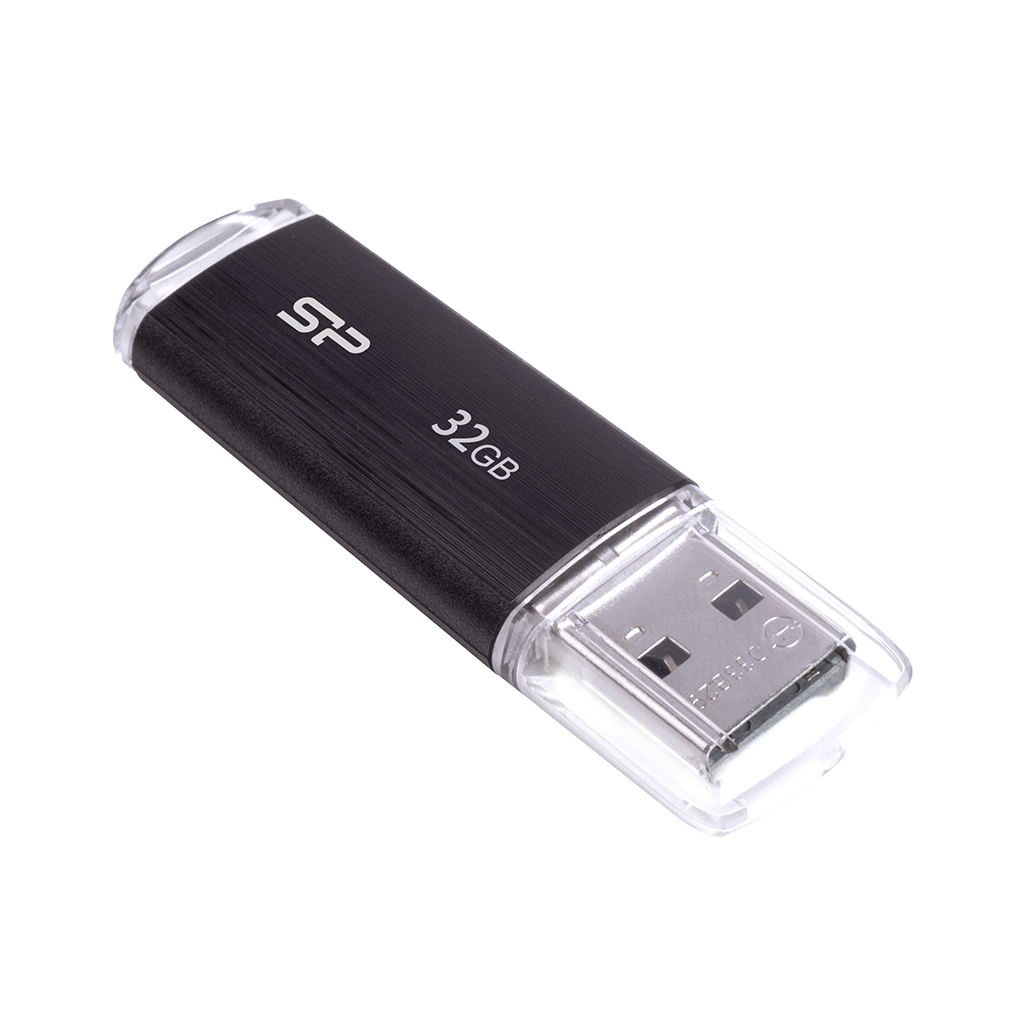 Czarny pendrive z przezroczystą osłoną i napisem 32GB.