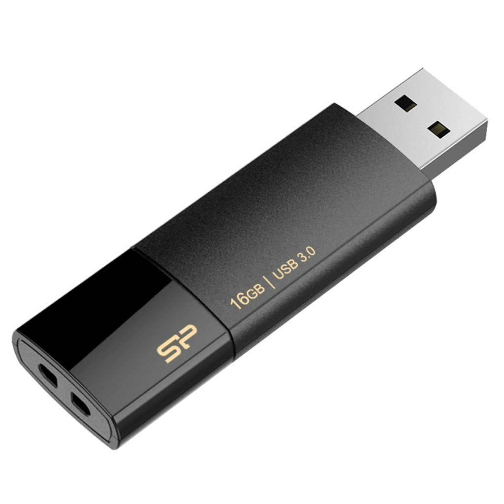 Czarny pendrive z tekstem '16GB | USB 3.0'. Ma zaokrąglony koniec i dwa otwory.