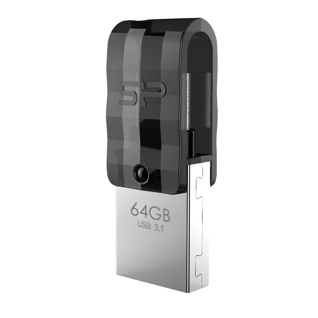 Srebrny pendrive USB z czarną górą, przymocowany do czarnego klipsa. 64 GB USB 3.1.