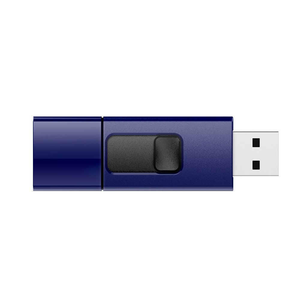 Chiavetta USB blu su sfondo bianco. Parte scorrevole nera e connettore USB.
