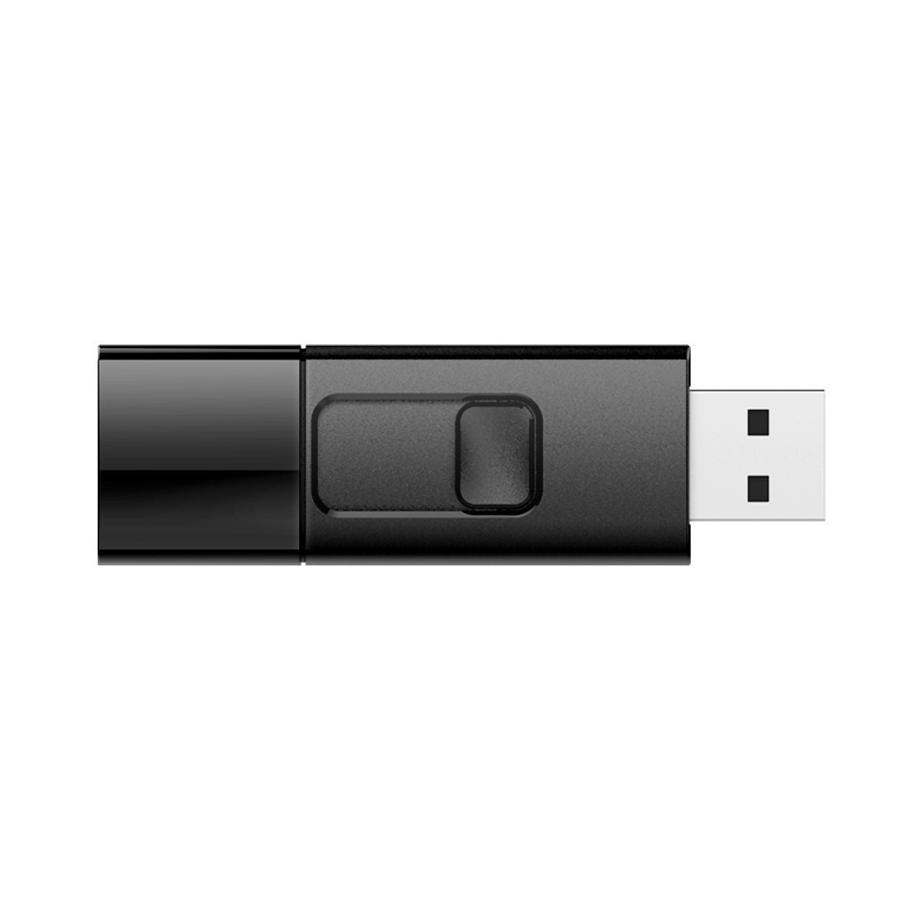 Czarny pendrive USB, poziomy, z prostokątnym designem i złączem USB.