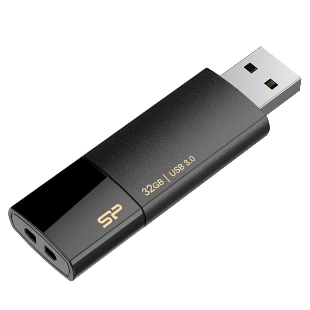 Czarny pendrive z tekstem '32GB | USB 3.0'. Ma zaokrąglony koniec i dwa otwory.
