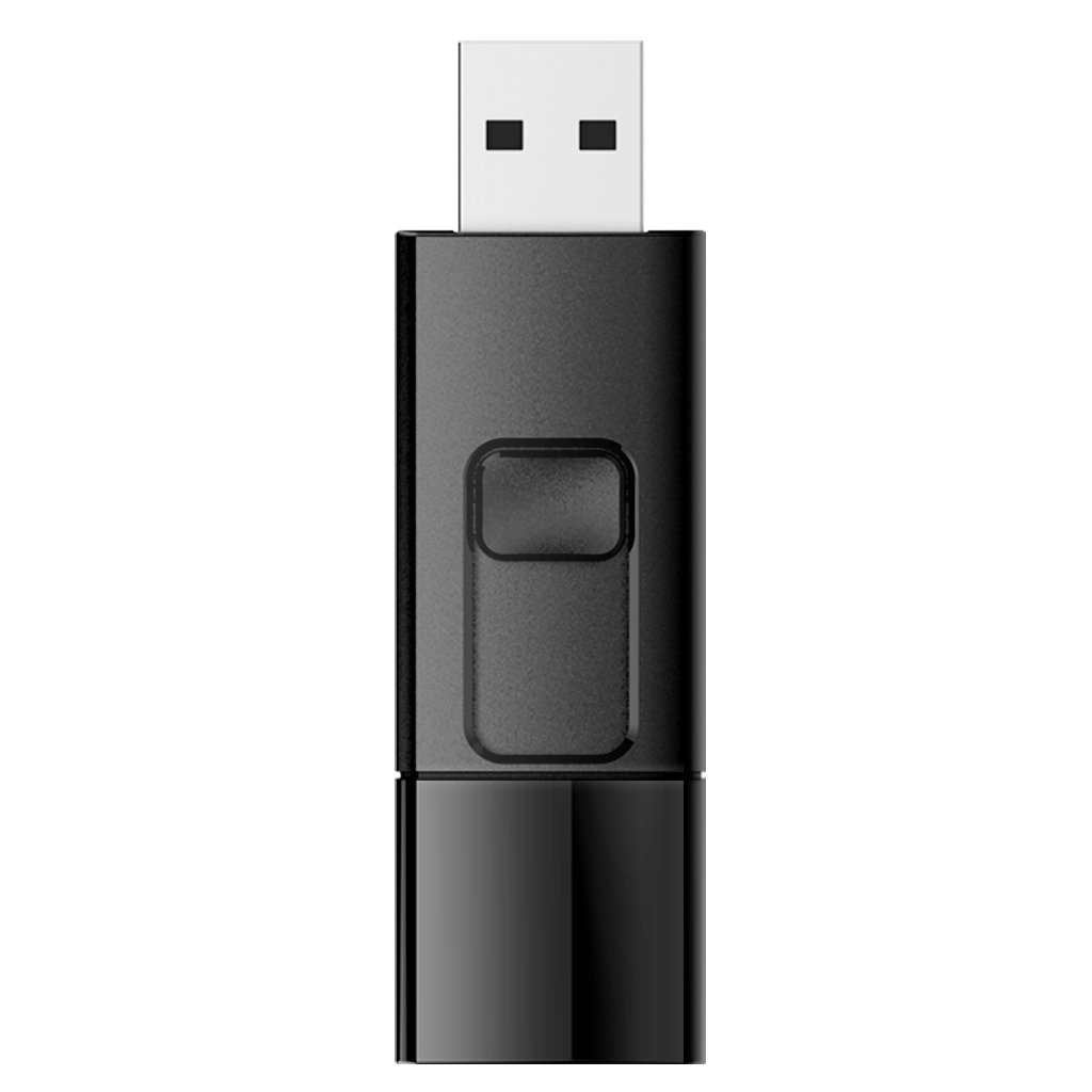 Czarny pendrive USB o prostokątnym kształcie. Złącze USB jest widoczne. Design wydaje się elegancki i prosty.