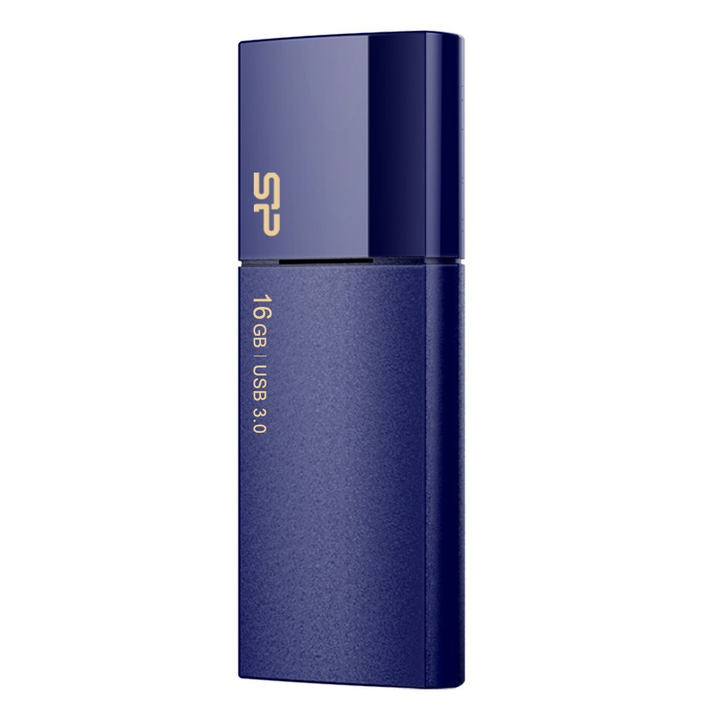 Chiavetta USB blu scuro con parte superiore blu scuro. Ha 16 GB e un logo visibile.