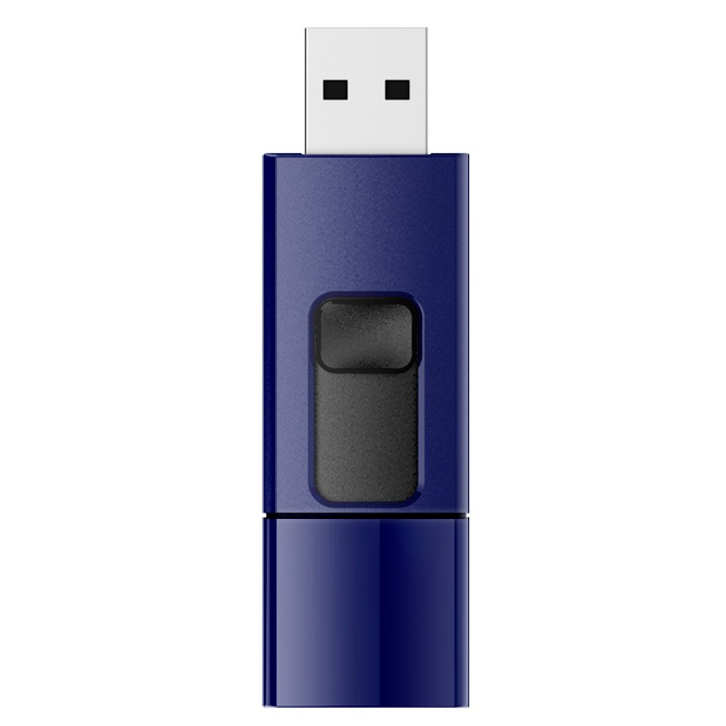 Granatowy pendrive z czarnym przyciskiem i złączem USB.