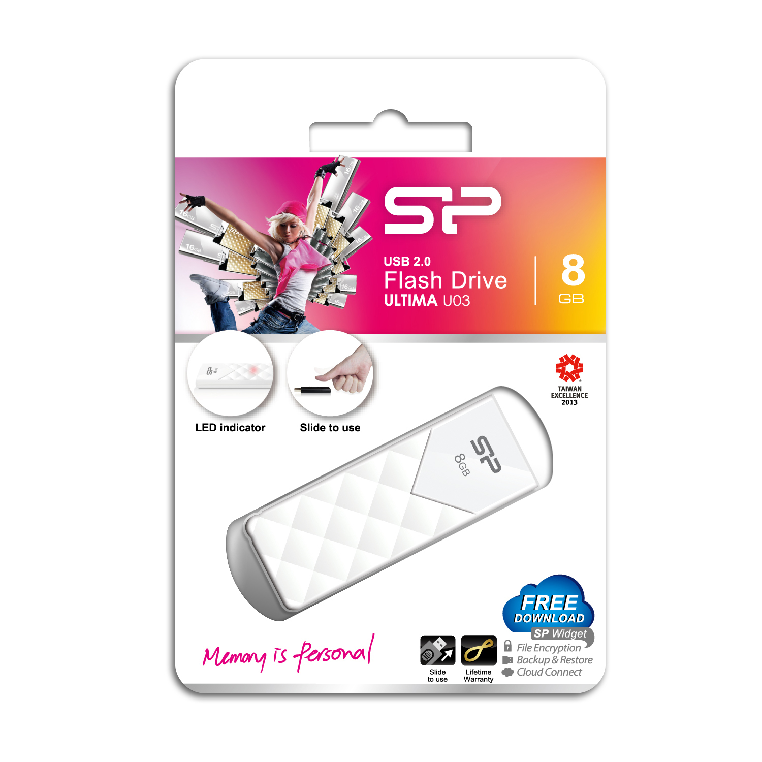 Confezione di unità flash USB. Unità bianca e argentata con etichetta da 8 GB. Testo: la memoria è personale!