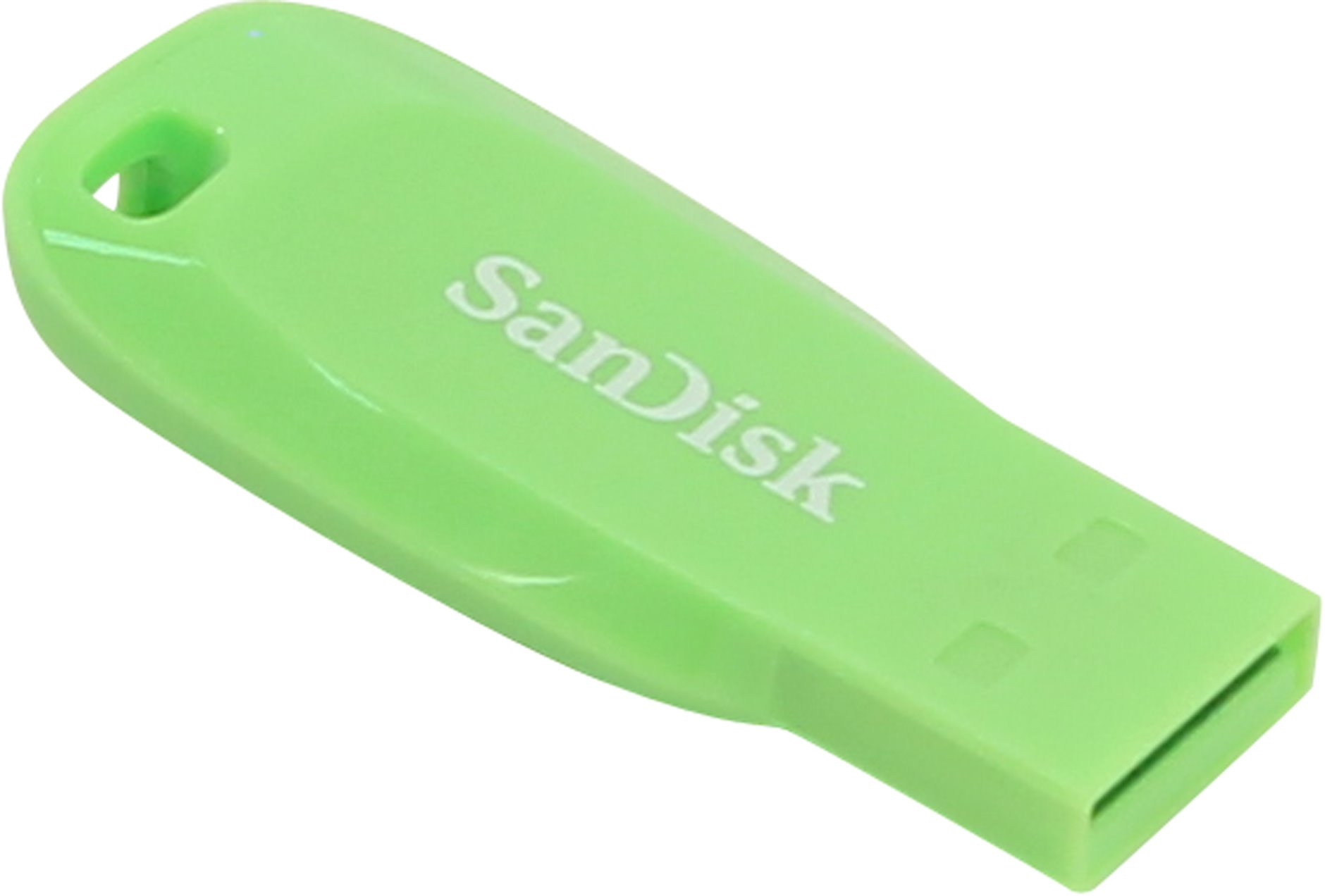 Chiavetta USB SanDisk verde. Il logo SanDisk è sul corpo verde. Sfondo bianco.