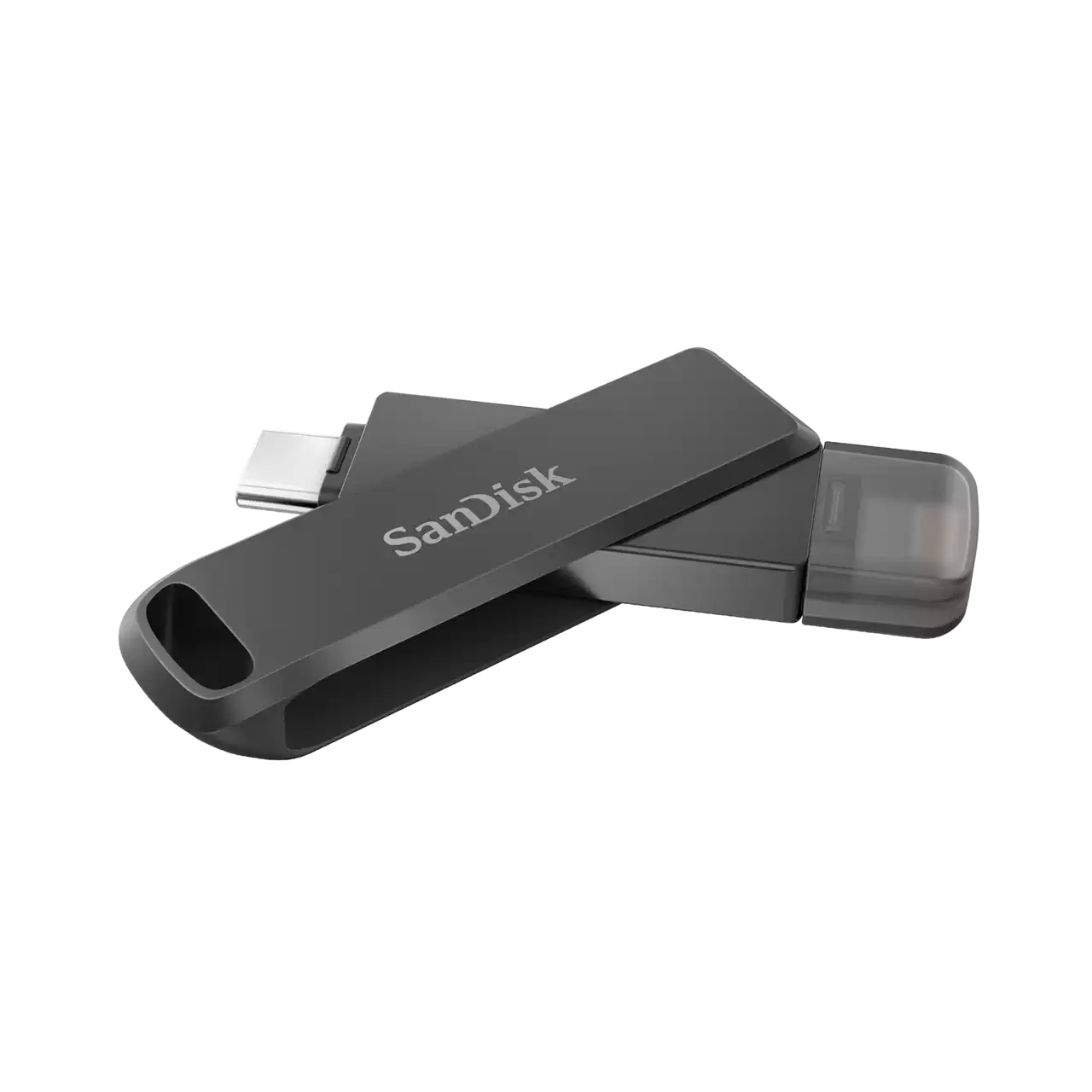 Un'unità USB SanDisk nera e grigia, angolata, con il marchio visibile e una porta USB-C.