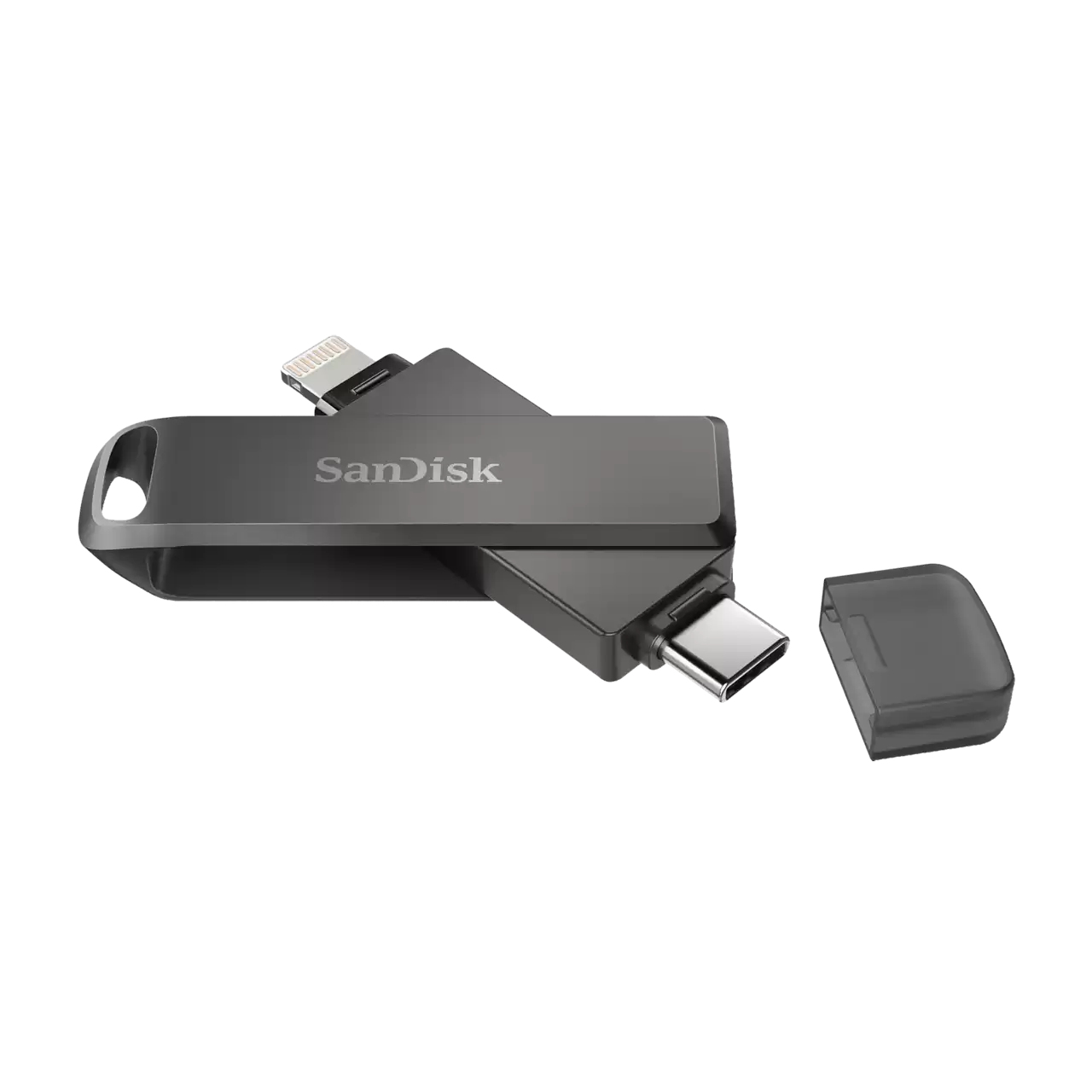 Chiavetta USB grigia con cappuccio. Si collega a porte USB-C e Lightning. Il design è compatto.
