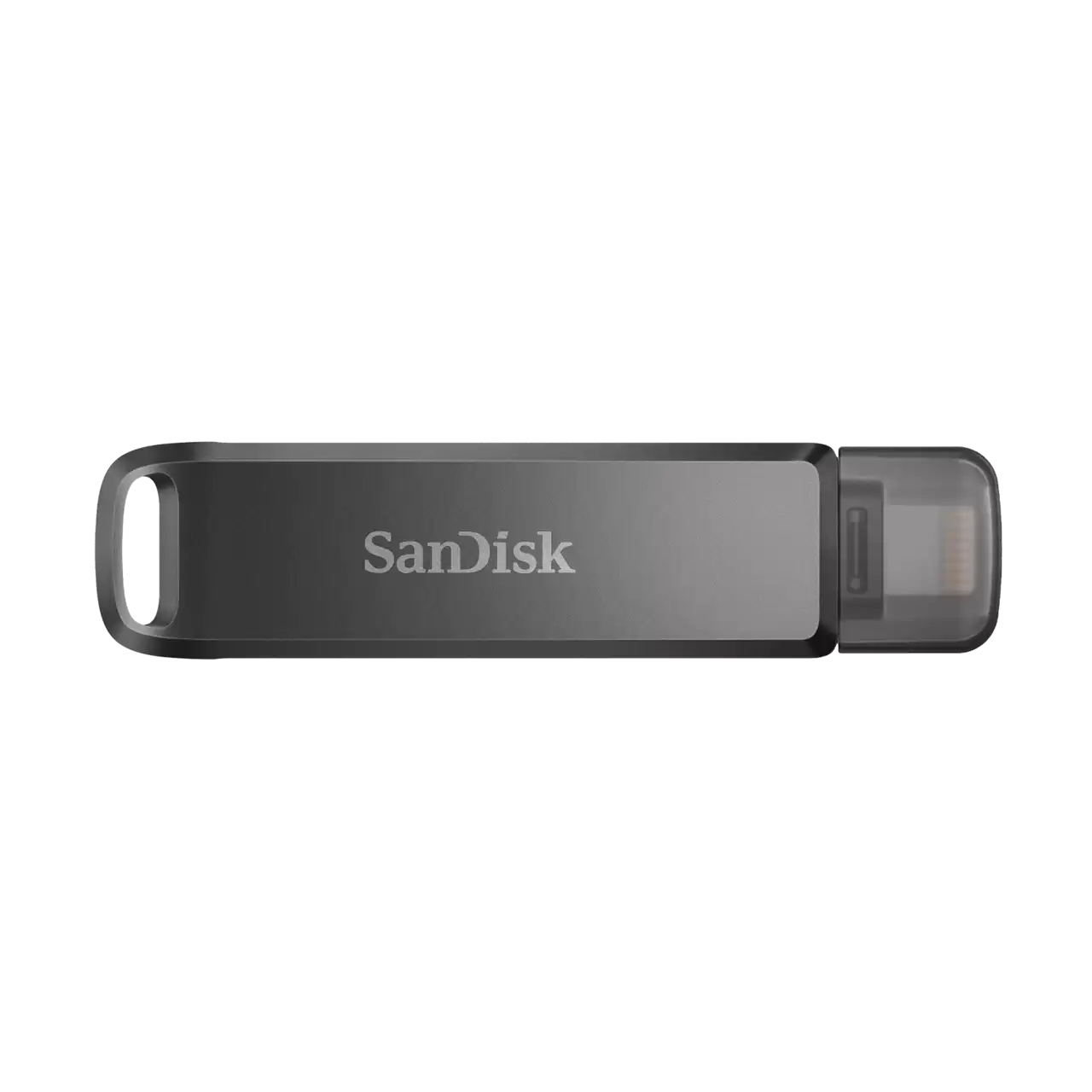 Chiavetta USB Sandisk grigio scuro. Logo Sandisk bianco. Sfondo bianco.
