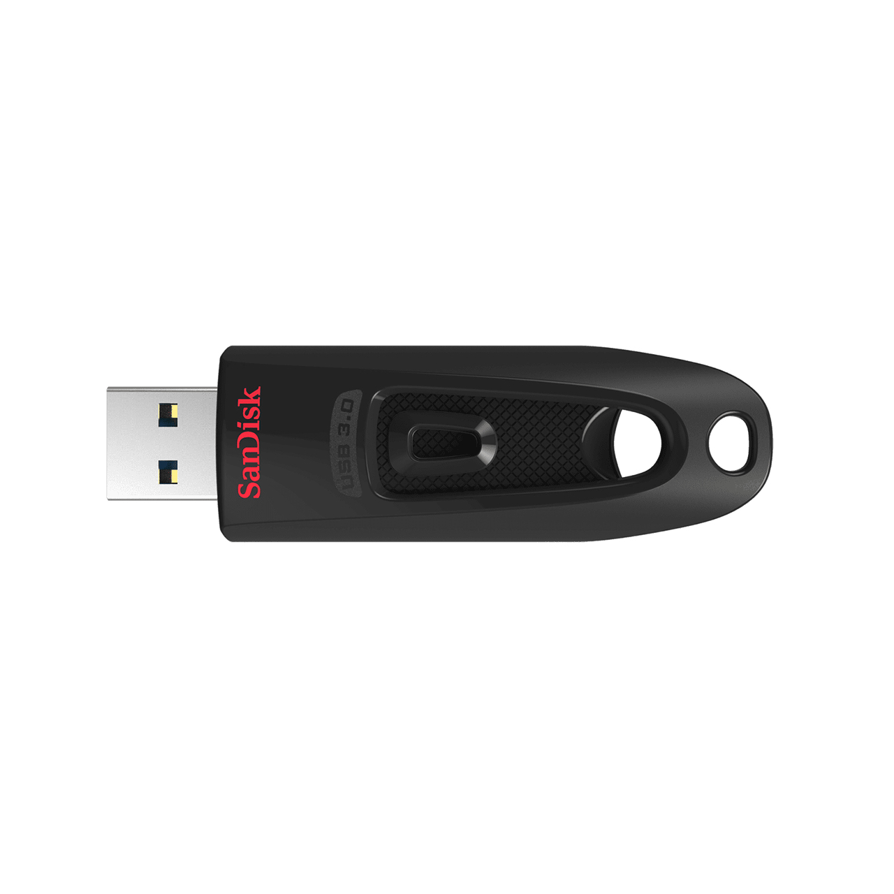 Czarny pendrive USB SanDisk, widok z góry, z czerwoną nazwą marki. Posiada etykietę USB 3.0.