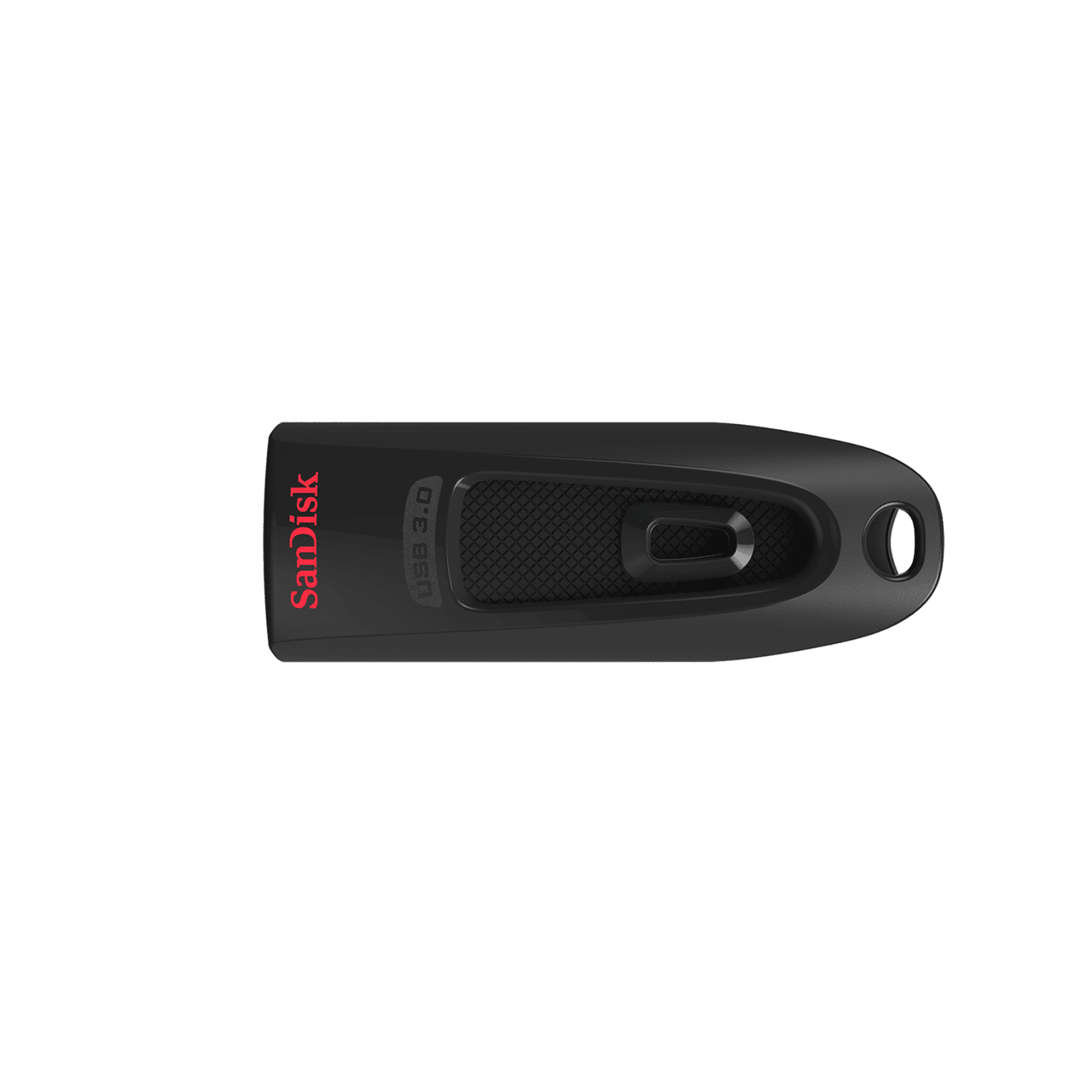 Czarny pendrive SanDisk z czerwonym logo, 'USB 3.0' i teksturowanym fragmentem.