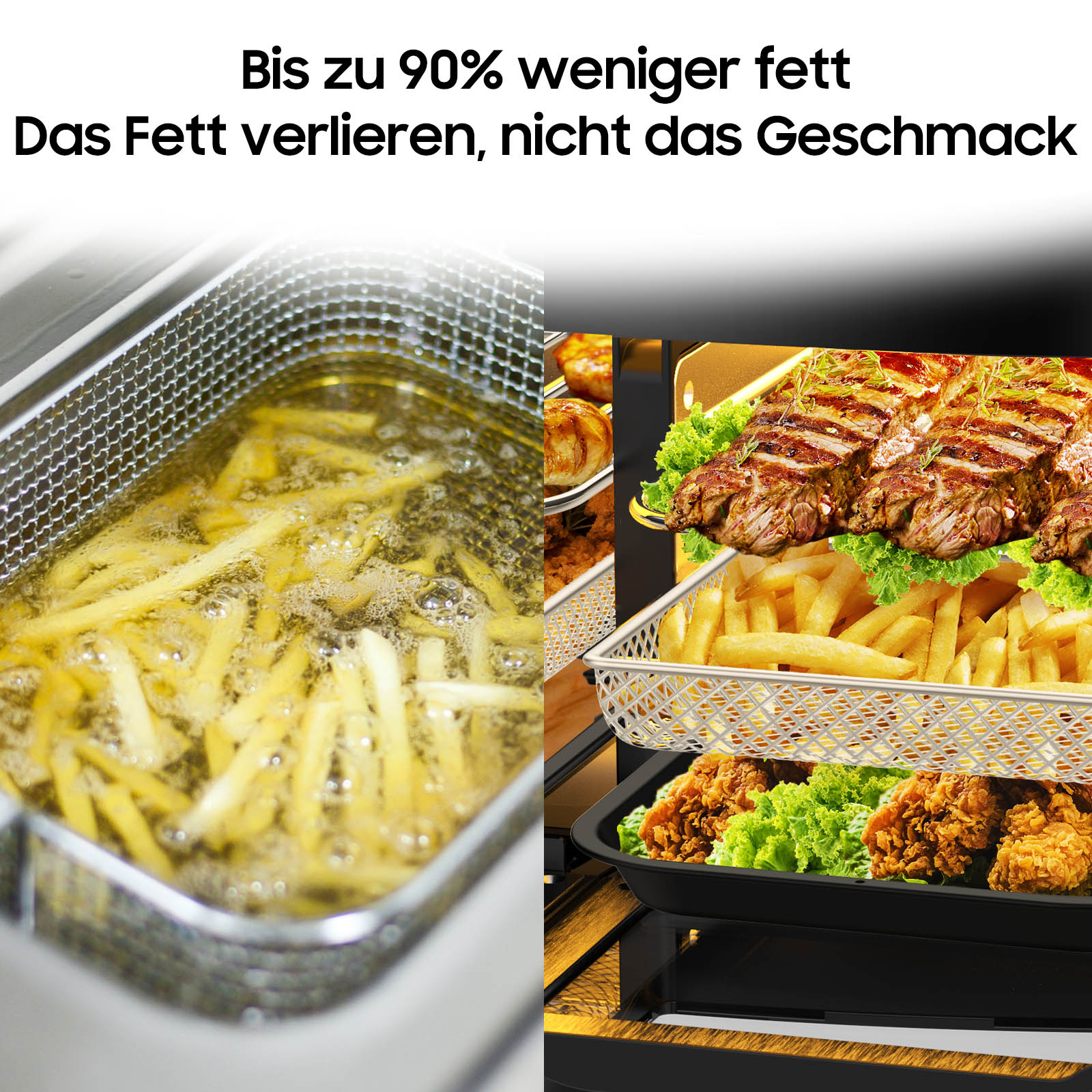 Split-Bild von frittierten Speisen in Öl und einem Luftfritteuse mit gekochten Speisen. Text: 'Bis zu 90% weniger Fett'.