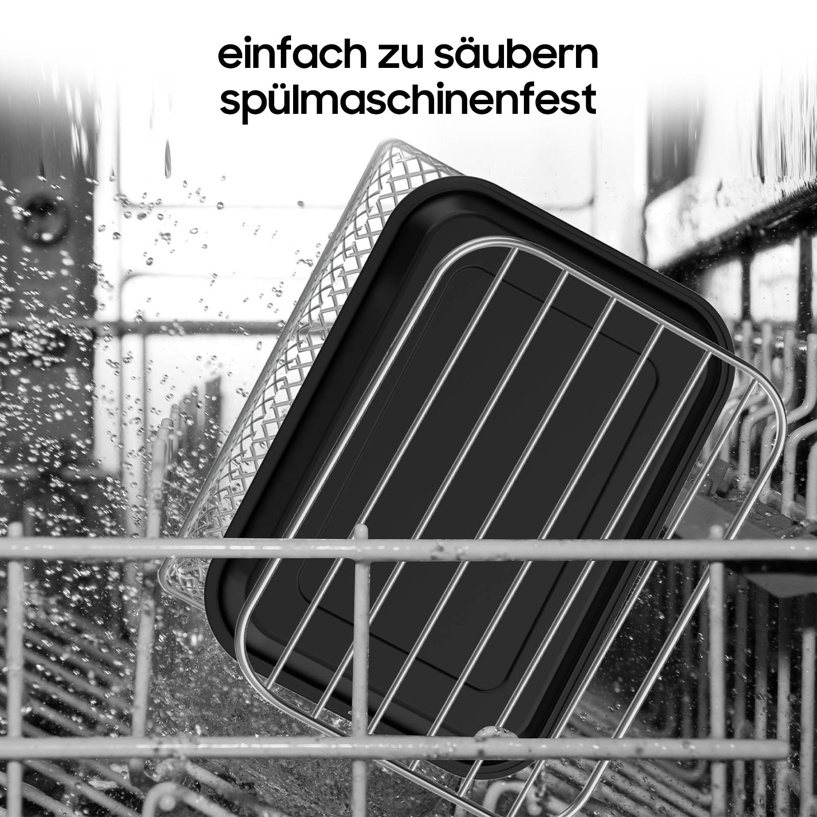 Schwarzer und silberner Heißluftfritteuse-Korb wird in einer Spülmaschine gewaschen. Die Worte 