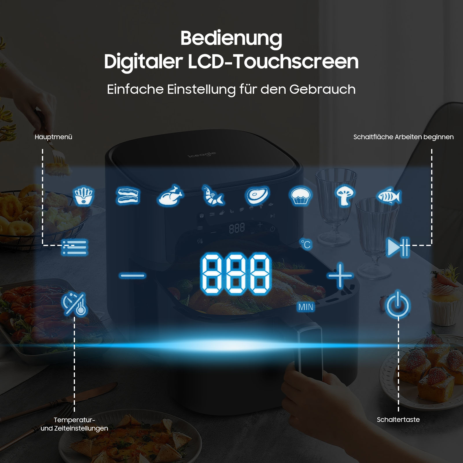 Bedienfeld der Heißluftfritteuse mit Digitalanzeige und Essenssymbolen.