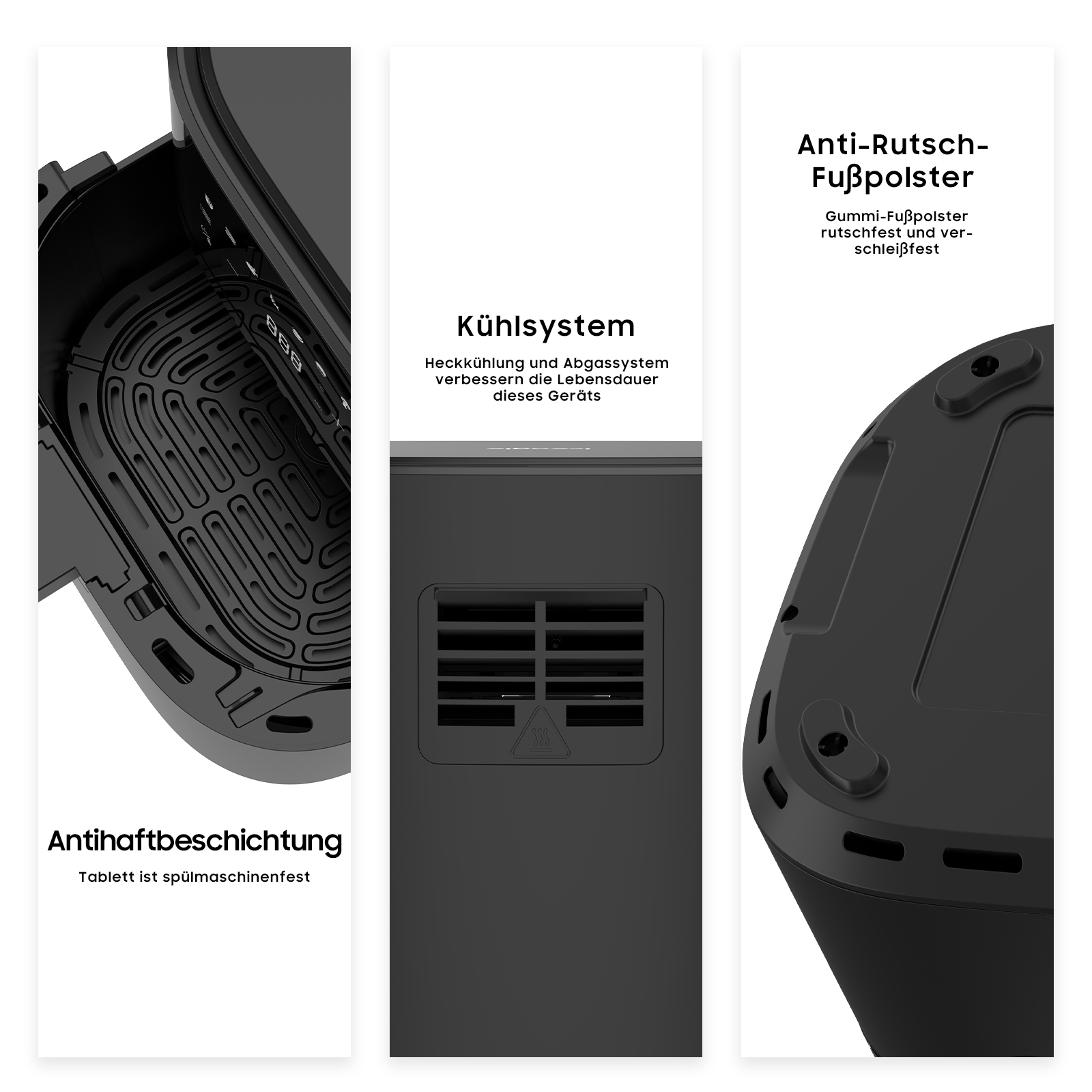 Nahaufnahmen der Komponenten einer schwarzen Heißluftfritteuse: Innenraum, Kühlsystem und Anti-Rutsch-Füße.
