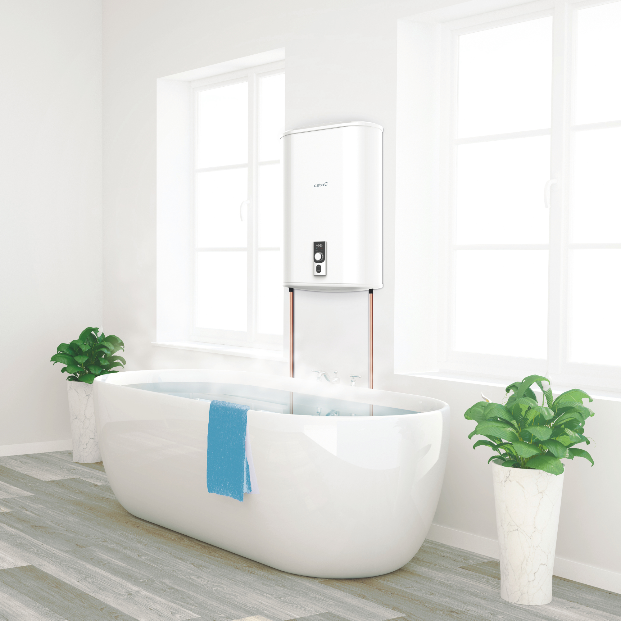 Baño con bañera, calentador de agua, plantas y ventanas. Color blanco y gris claro.