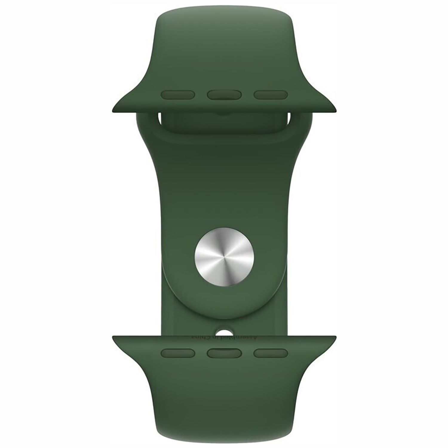 Grünes Uhrenarmband. Eine silberne Schließe und Löcher zur Anpassung sind sichtbar.
