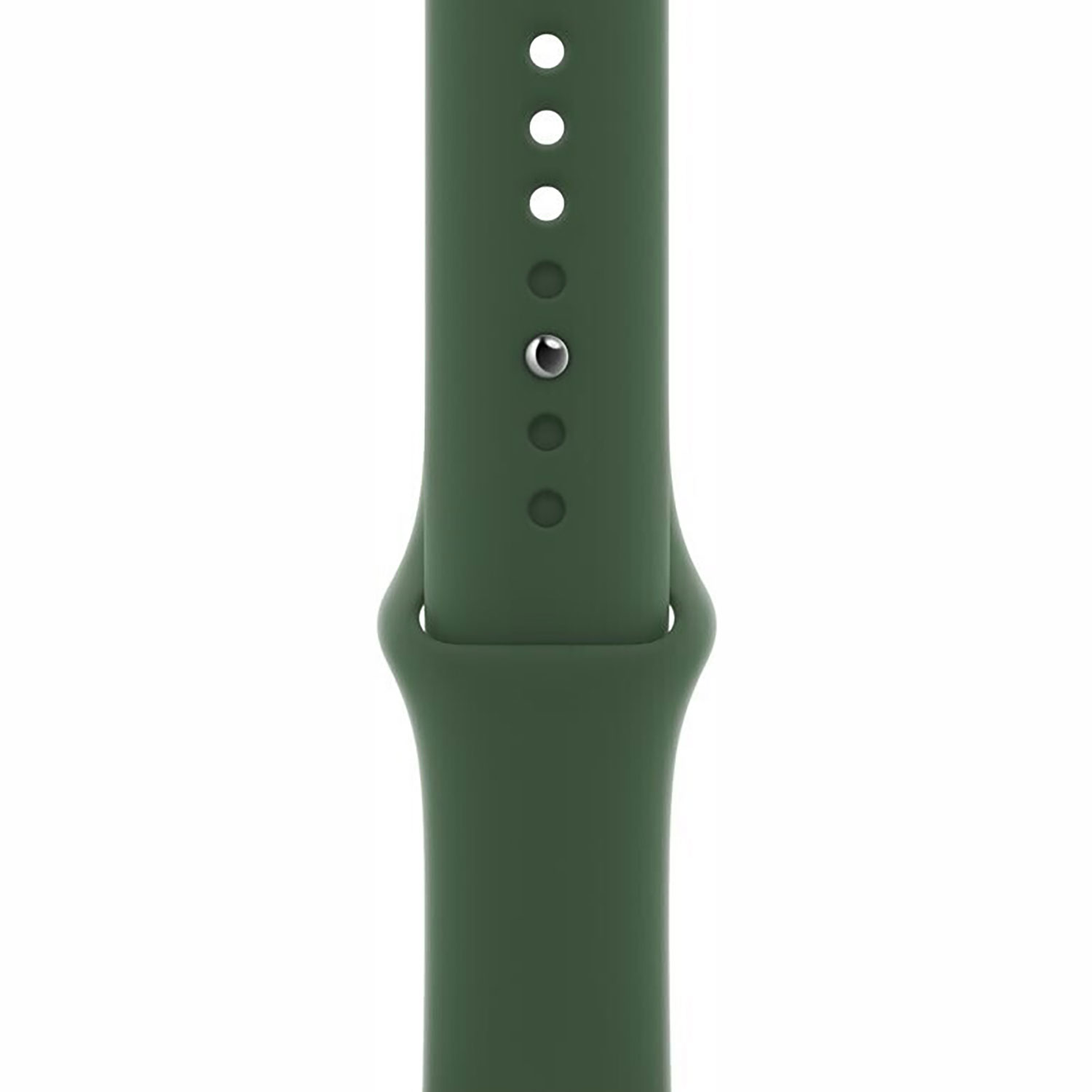 Nahaufnahme eines grünen Apple Watch Armbands mit Löchern und Verschluss. Weißer Hintergrund.