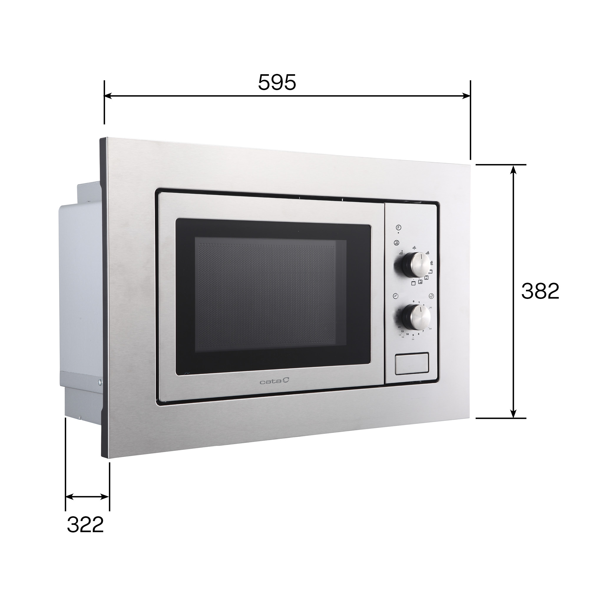 Wbudowana kuchenka mikrofalowa, rama ze stali nierdzewnej, ze wskazanymi wymiarami.