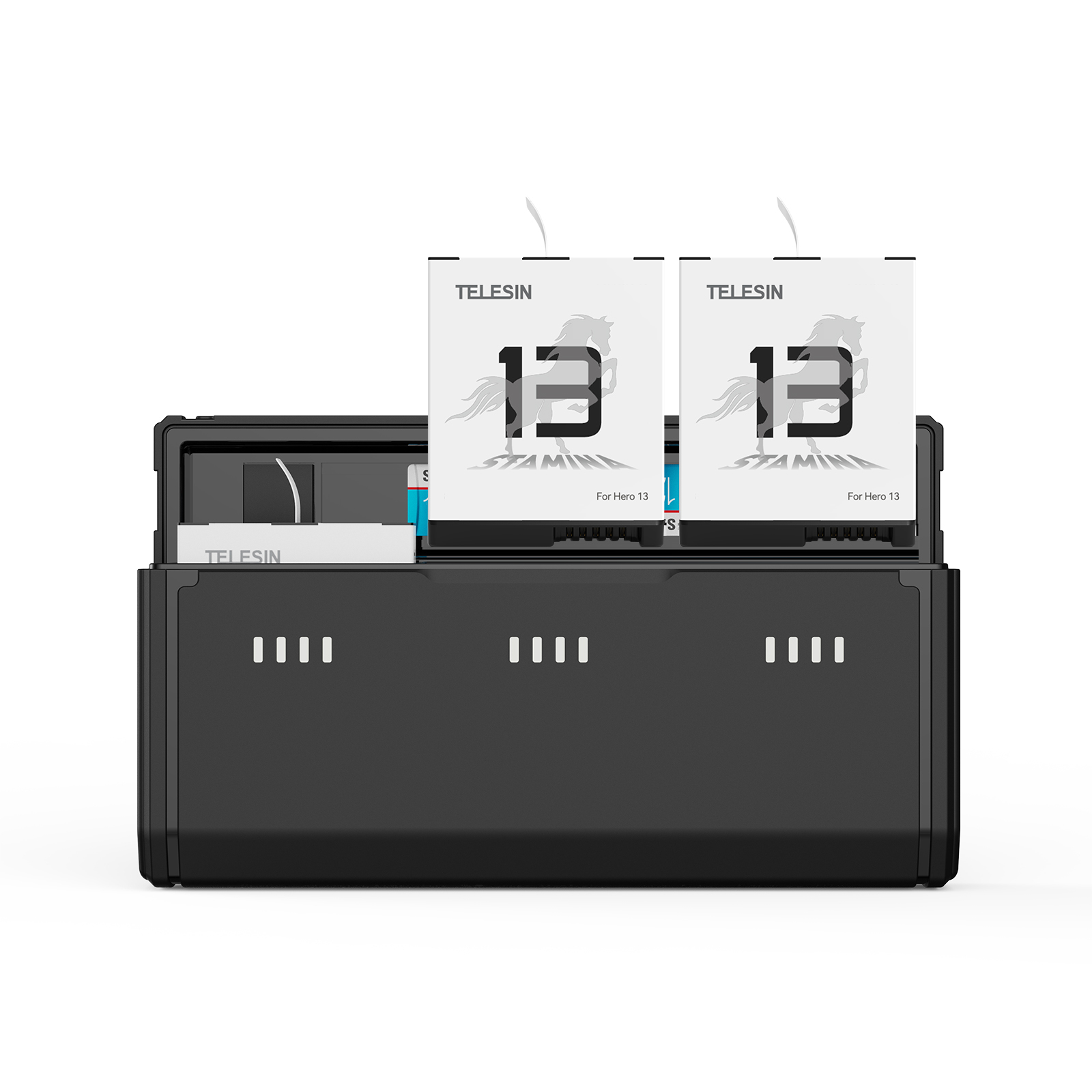 Station de charge noire avec deux cartes blanches pour caméras d'action Hero 13.