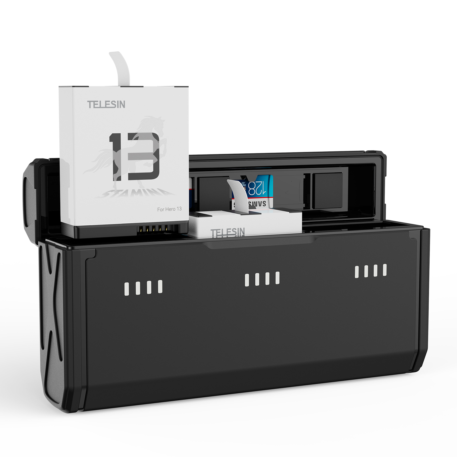 Étui de rangement noir avec boîte blanche et carte mémoire à l'intérieur. La boîte indique 'TELESIN' et '13'.