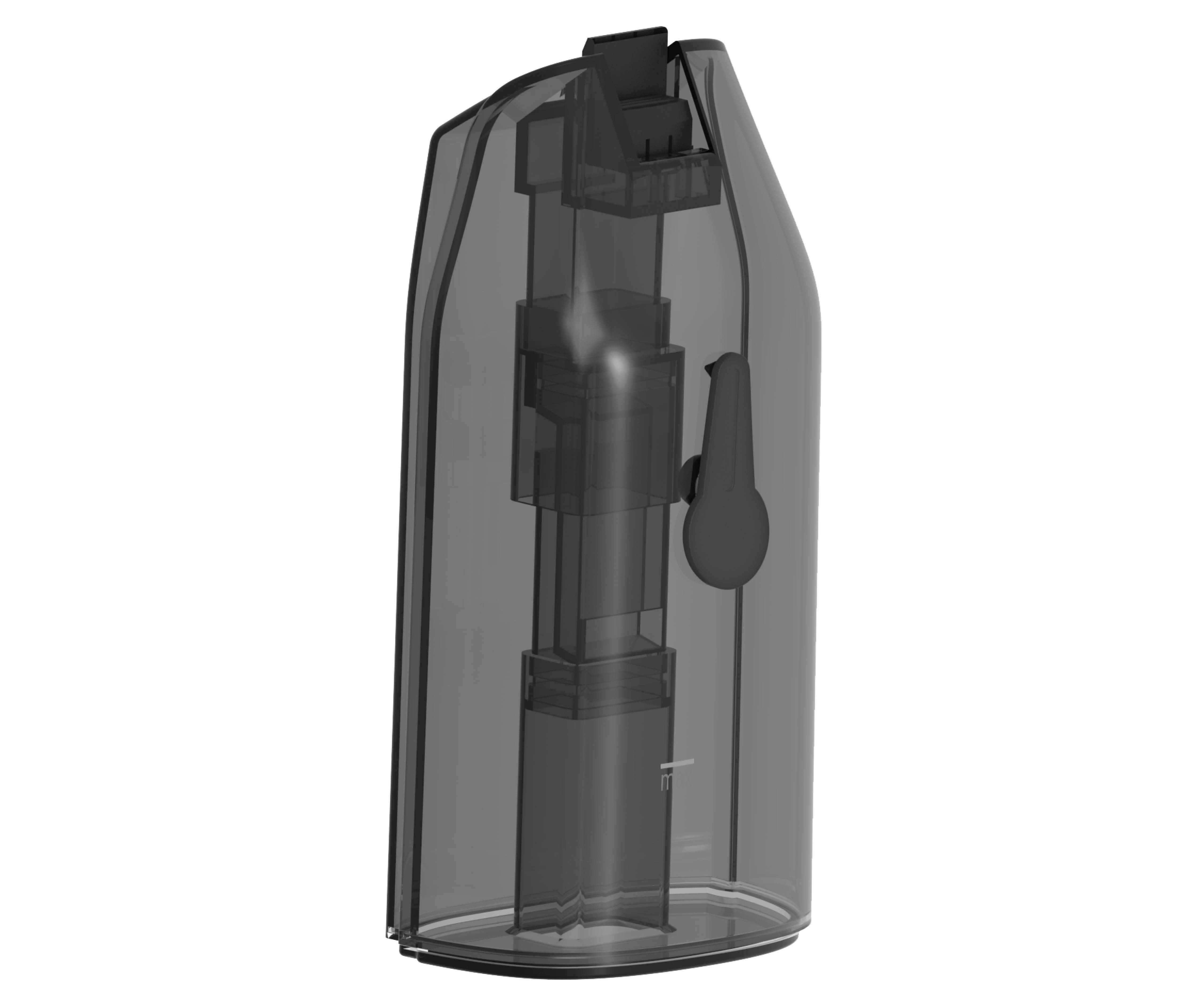 Ein klarer Vape-Pod-Kartusche, transparent, mit sichtbaren Innenteilen.