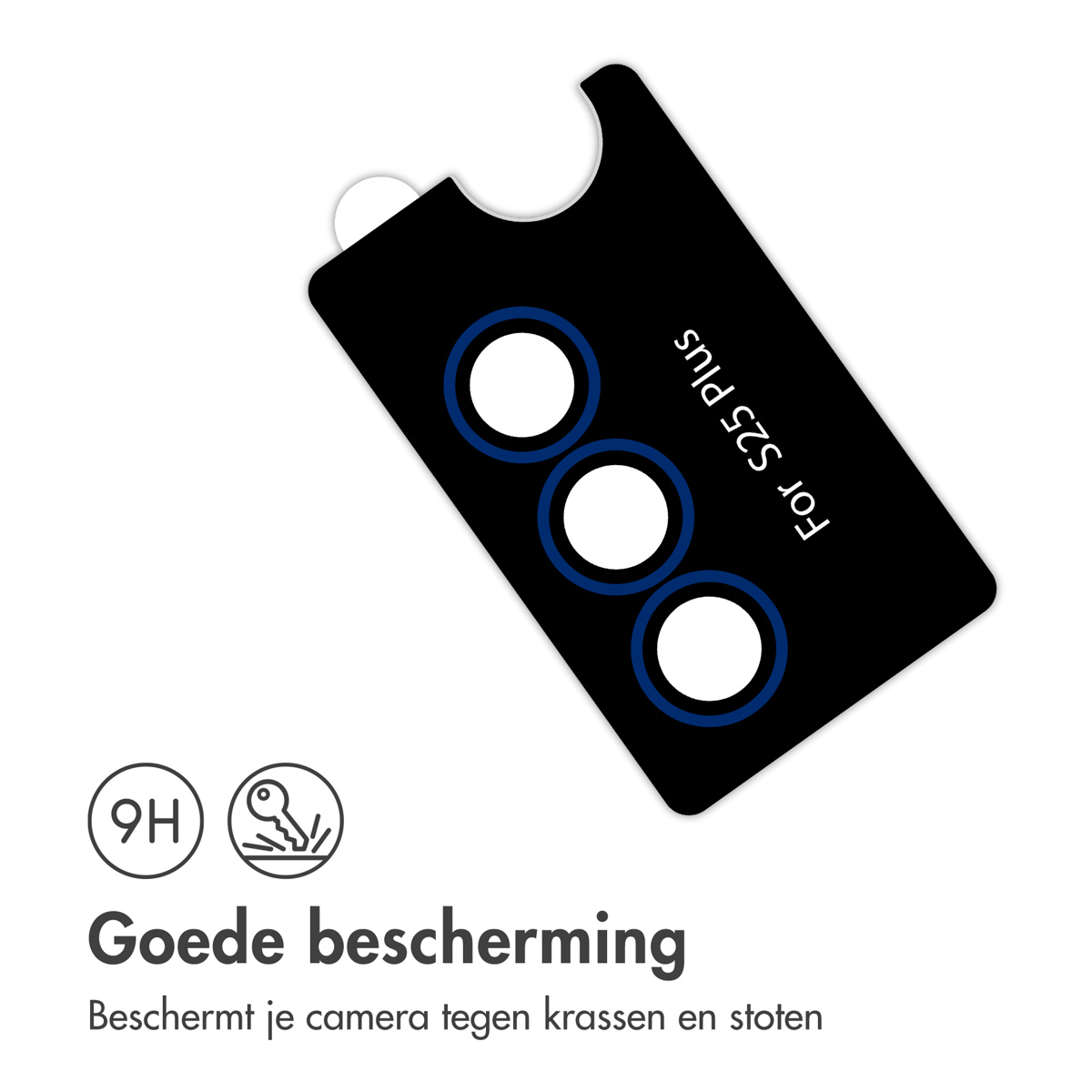 Zwarte schermbeschermer voor de telefoon met drie cirkelvormige camera-uitsparingen. Tekst: 'For S23 Plus'.
