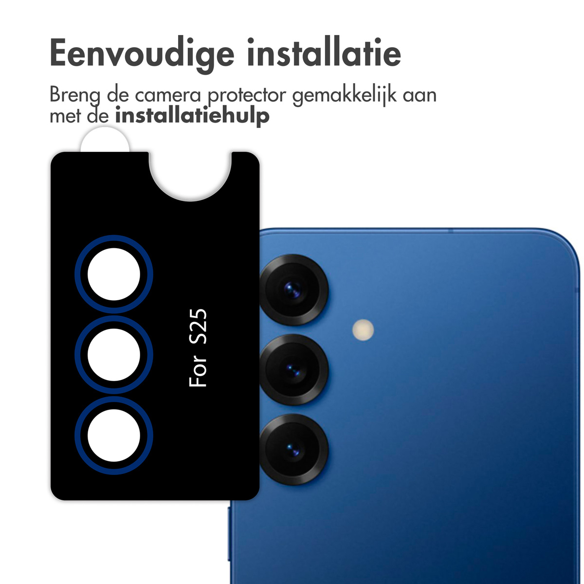 Zwarte camerabeschermer naast een blauwe telefoon. Beschermer heeft witte cirkels.