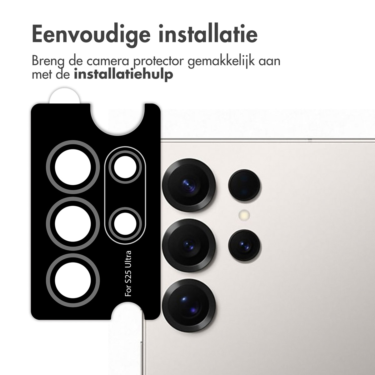 Zwarte cameralensbeschermer met witte cirkels aangebracht op de cameralenzen van de telefoon.