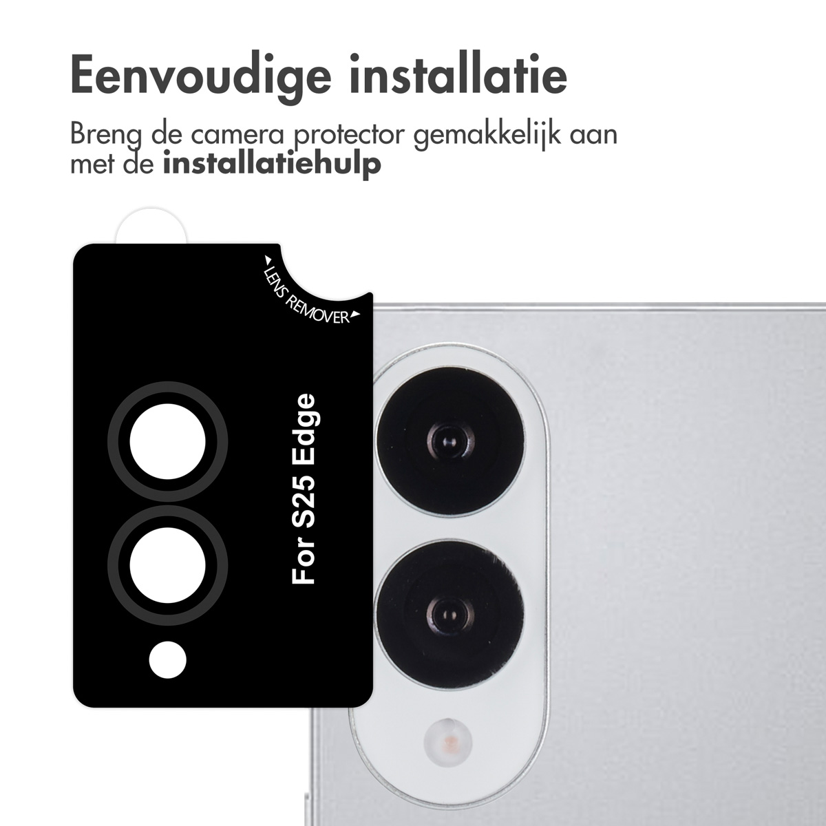 Un protecteur de caméra noir à côté d'un téléphone. Le protecteur est pour les téléphones S25 Edge.