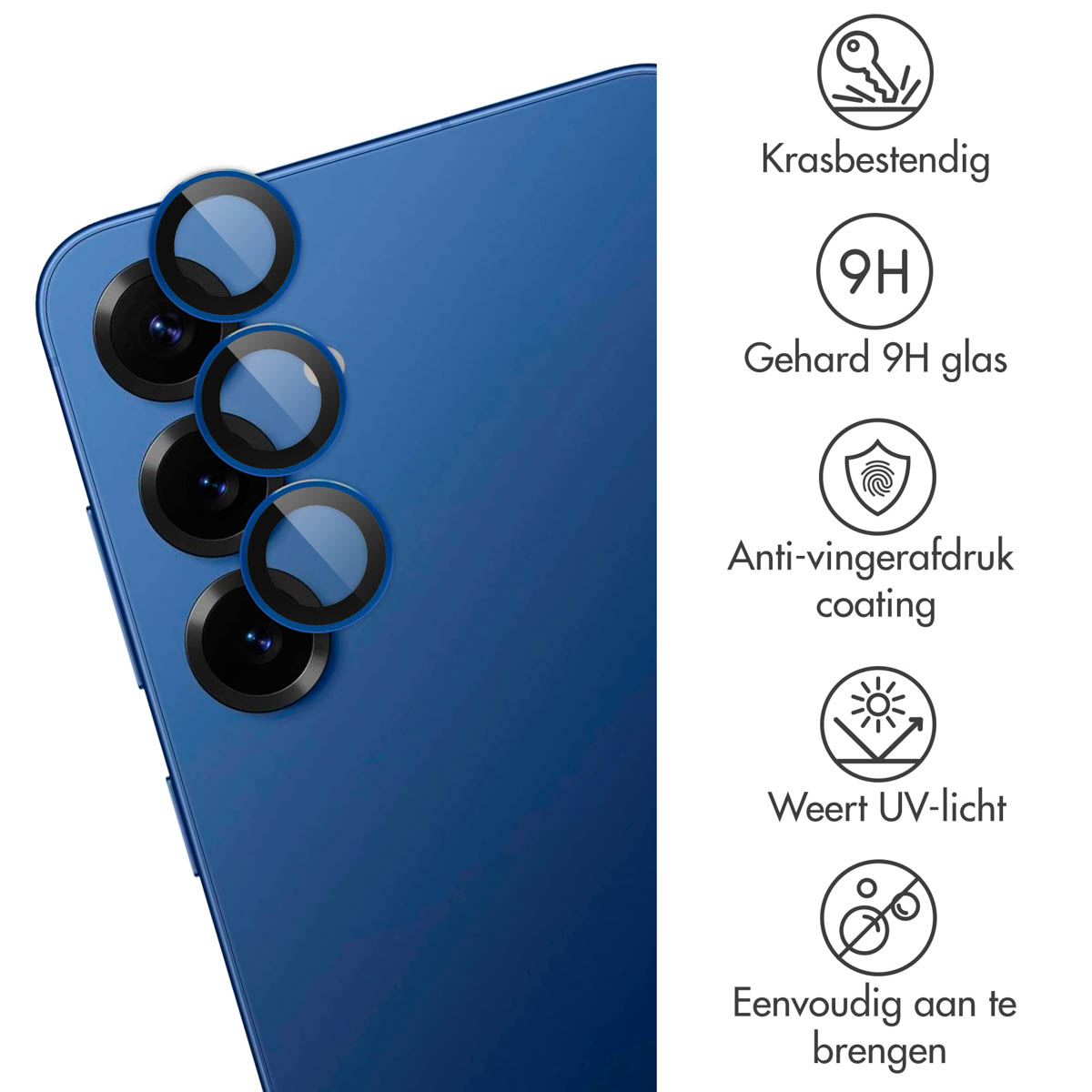 De achterkant van een blauwe telefoon met cameralensbeschermers.