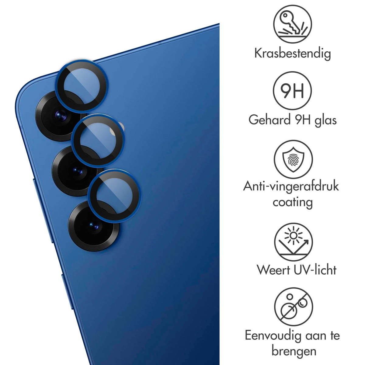 Blauwe telefoon met lensbeschermers. Achtergrond toont een berg- en meerlandschap.