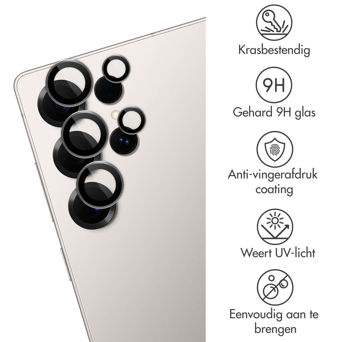 Witte telefoon met cameralensbeschermers. Pictogrammen tonen krasbestendigheid, hard glas, enz.