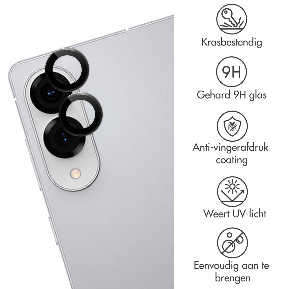 Téléphone avec protections d'appareil photo appliquées. Le téléphone est argenté. Les icônes affichent les fonctions de protection.