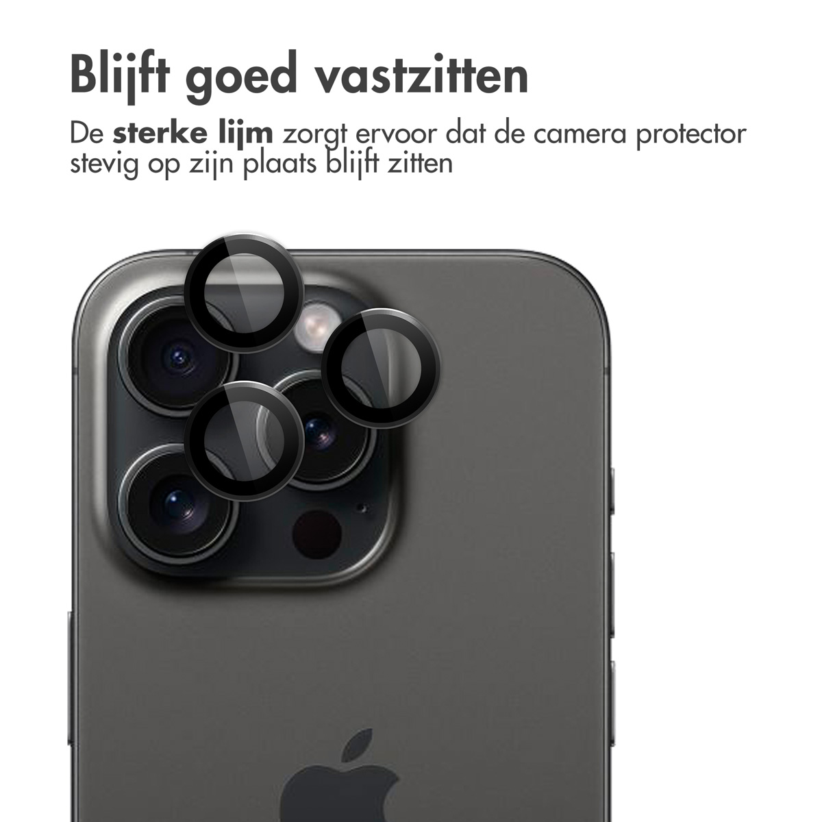 Un téléphone gris avec des protecteurs d'appareil photo sur les objectifs. Texte : « Blijft goed vastzitten ».