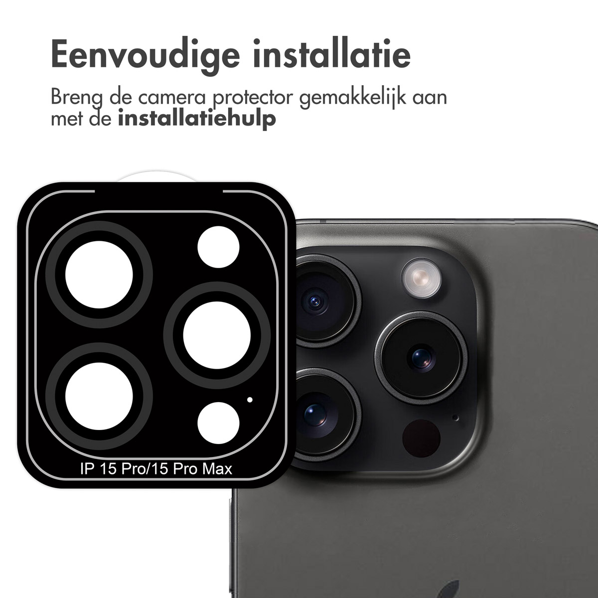 Un protecteur de caméra noir à côté d'un téléphone. Le protecteur est pour les téléphones IP 15 Pro/15 Pro Max.