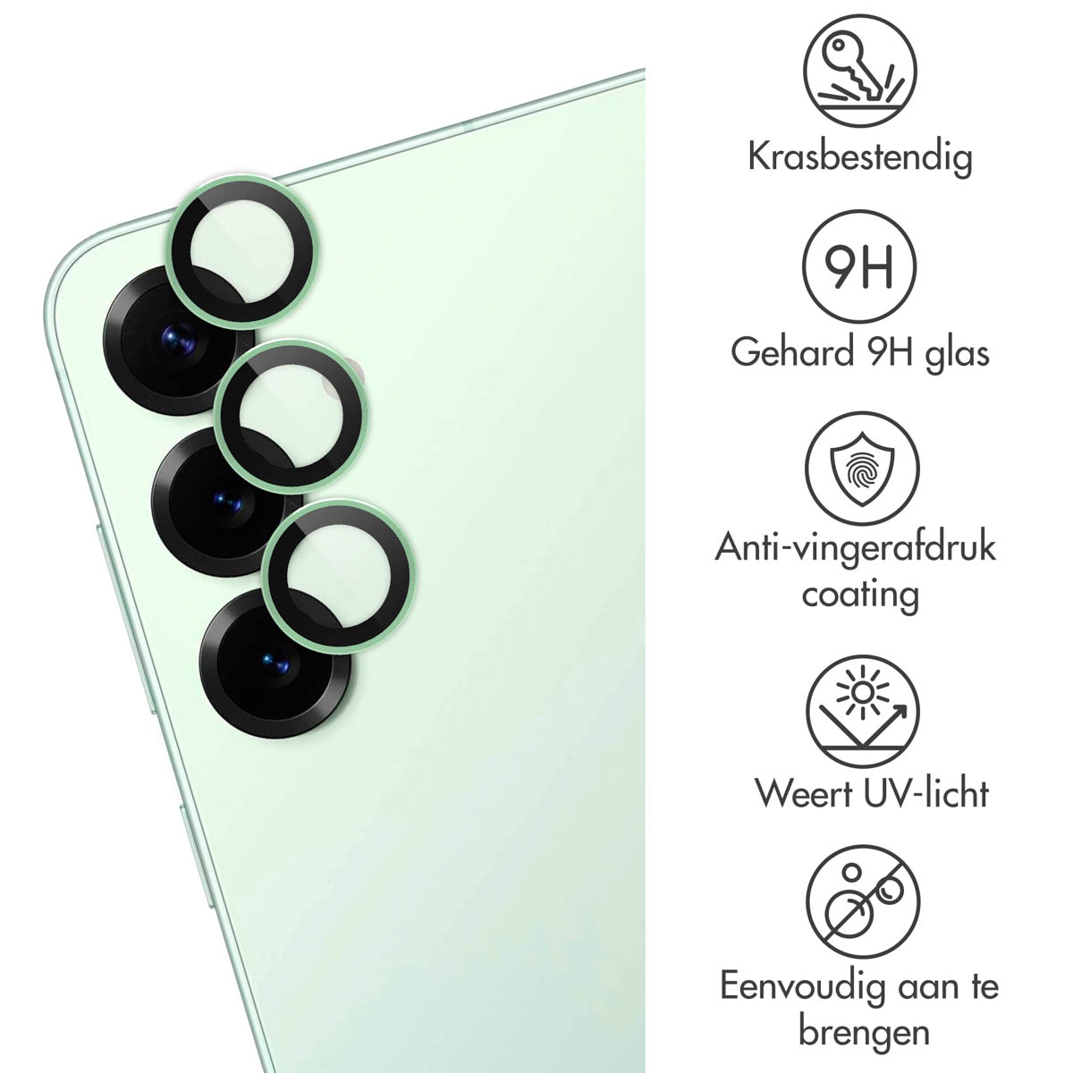 Een lichtgroene telefoon met cameralensbeschermers en iconen die functies illustreren.
