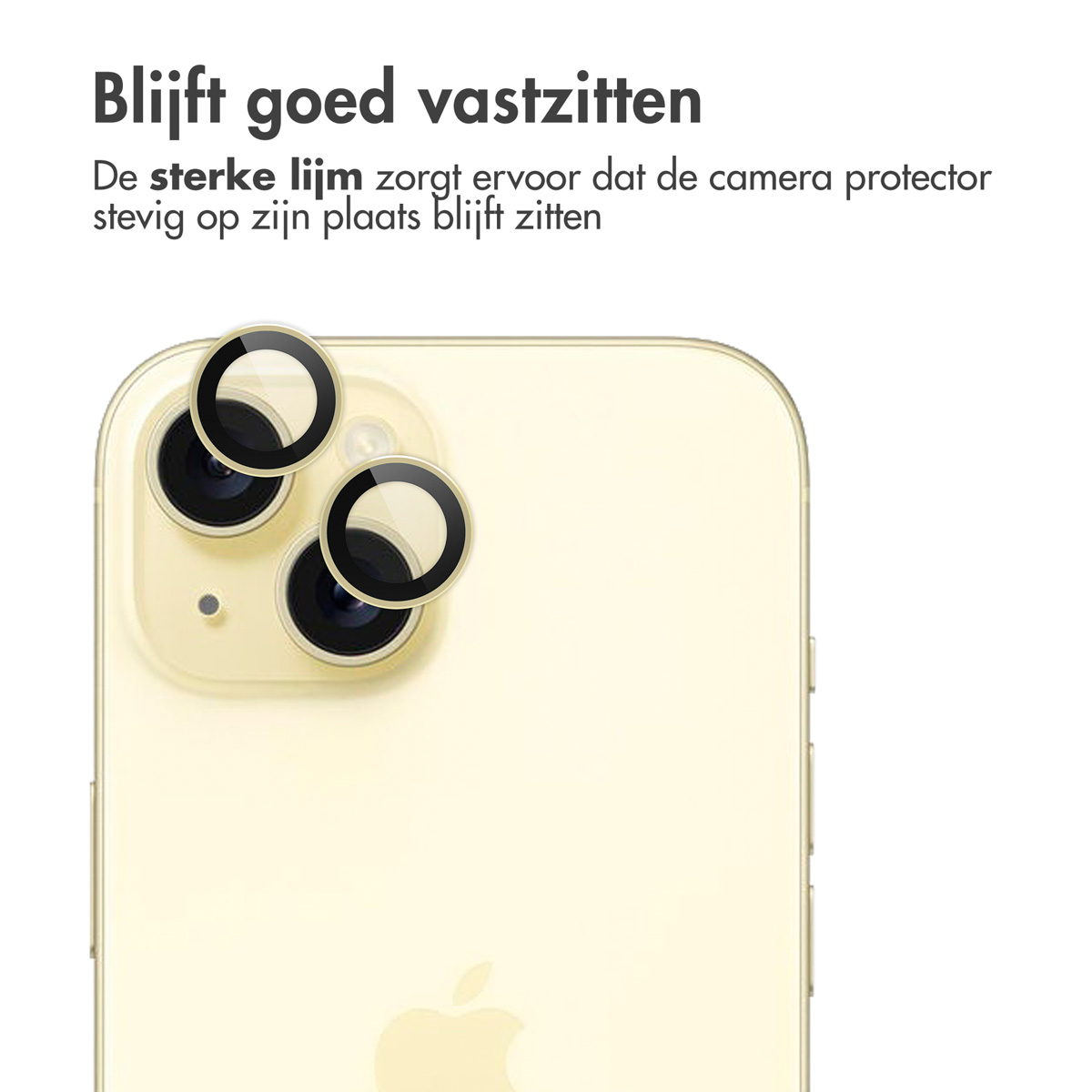 Phone with lens protectors. Gold phone, black lens protectors applied. Text: Stays put.