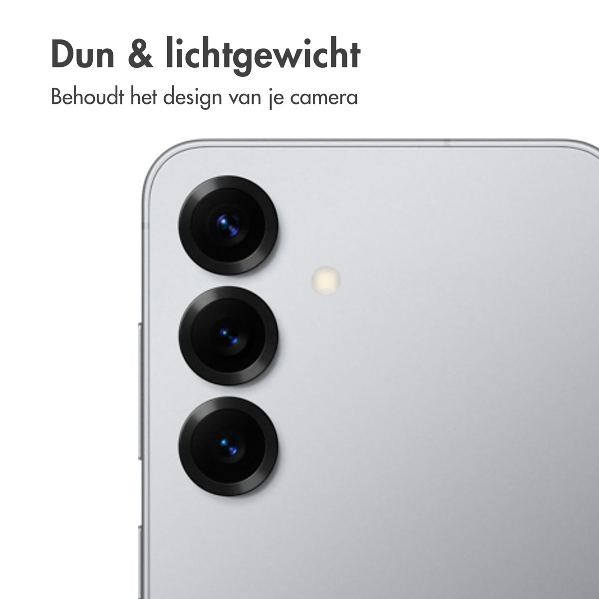 Gros plan d'un téléphone avec trois lentilles ; texte : 'Dun & lichtgewicht'.